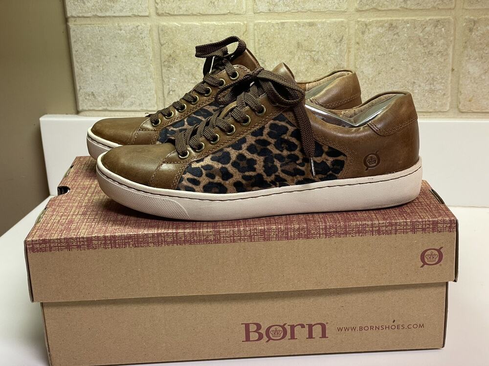 Born Light Brown Leopard Fabric Lace-Up Leather Sneakers 6.5M